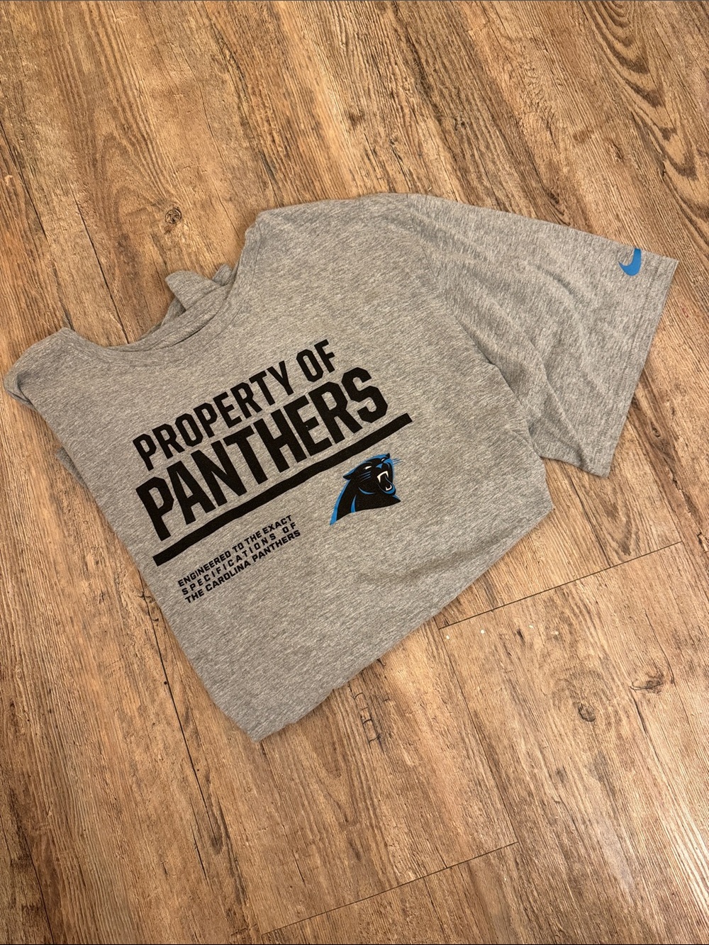 Nike Gray Panthers 'Property of Panthers' Short Sleeve Tee with Blue Logo